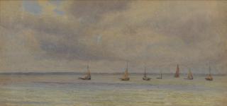 Alma Claude Burlton Cull - Sailing boats at anchor; a grey day in the Solent; a still morning, (3)