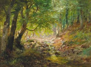 Alois Arnegger - A figure by a stream in a sunlit wooded landscape