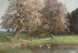 Alois Arnegger - At A Duckpond Before A Country Cottage, Springtime
