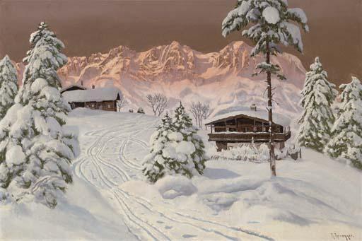 Alois Arnegger - Ski chalets at dusk