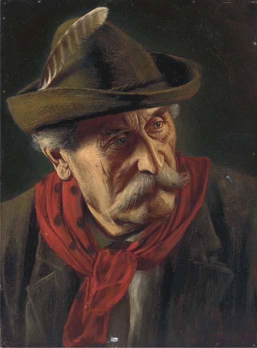 Alois Binder - Portrait of a Tyrolean, bust-length, in a hat with a feather
