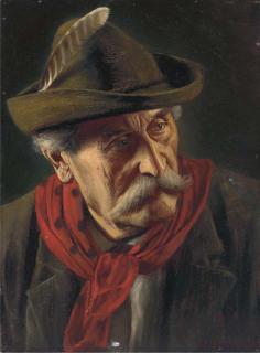 Alois Binder - Portrait of a Tyrolean, bust-length, in a hat with a feather