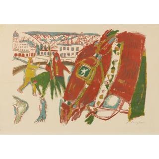 Alois Carigiet - Skifahrer Und Pferd Vor Winterlandschaft, 1956 Skier And Horse In Front Of A Winter Landscape, 1956