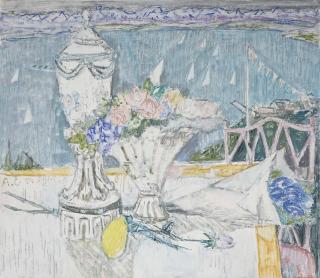 Alois Carigiet - Stillleben mit Pokal und Blumenvase vor Ausblick auf den Zürichsee, 1954
