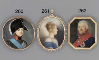 Alois Gustav Rockstuhl - A young lady, in profile to the right in fur-bordered blue coat, double strand pearl necklace, pearl set comb in her upswept fair hair