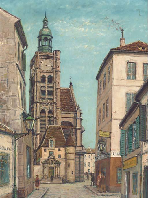 Alois Lecoque - A French street scene with figures beside a church