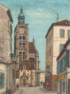 Alois Lecoque - A French street scene with figures beside a church