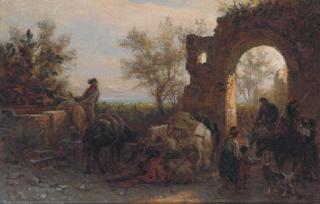 Alois Schönn - Travellers Watering Horses At A Ruin