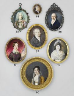 Alois Von Anreiter - A lady, in purple embroidered black dress with white collar and green bow tie, gold hoop earring; draped pink curtain, mountain, sky and cloud background