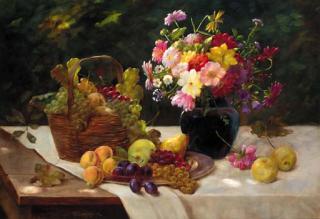 Alois Zabehlicky - A basket and a platter of fruit and a vase of mixed flowers on a table in the garden