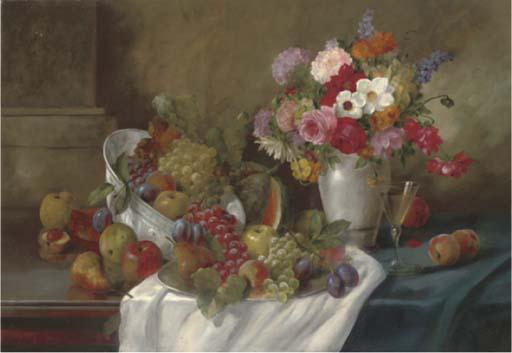 Alois Zabehlicky - Fruit and flowers on a table with a drape