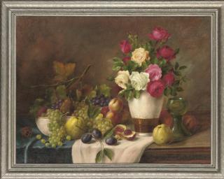 Alois Zabehlicky - Roses In A Vase With Grapes, Apples, Peaches And Plums To The Side, On A Table