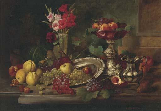Alois Zabehlicky - Silver, fruit and flowers on a ledge