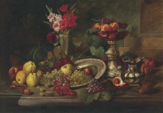 Alois Zabehlicky - Silver, fruit and flowers on a ledge