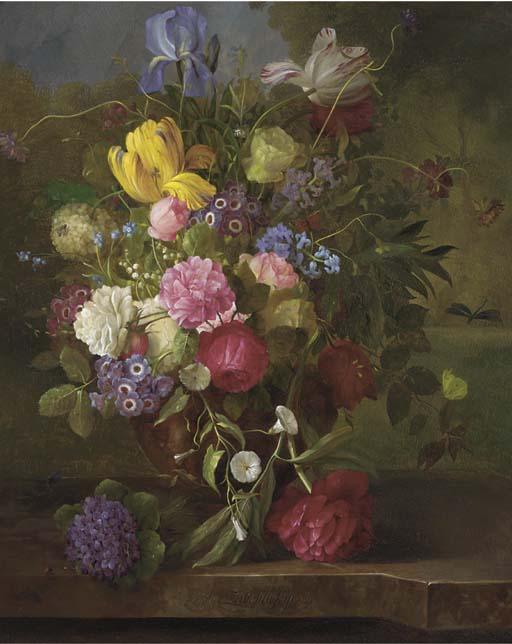 Alois Zabehlicky - Tulips, Carnations, Roses and other summer flowers in a vase on a ledge