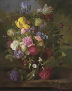 Alois Zabehlicky - Tulips, Carnations, Roses and other summer flowers in a vase on a ledge