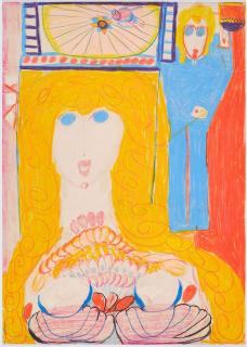 Aloïse Corbaz - Grand buste de femme et petit homme blond. 1960–63.