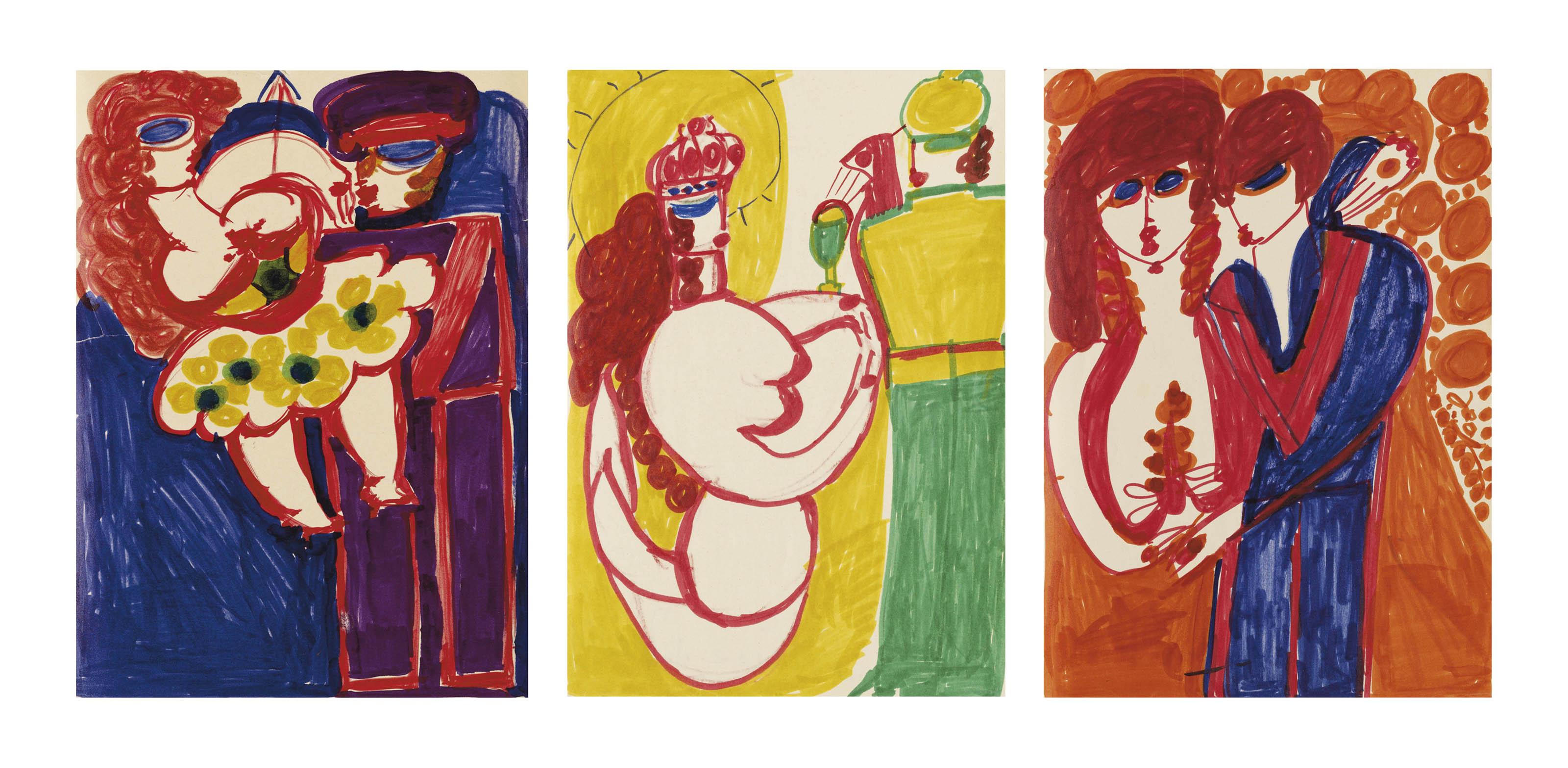 Aloïse - Los von drei Werken: Foule délirante Kennedy, um 1963-64  Sirène de Trévy, um 1963-64   Sous les lampions, um 1963-64