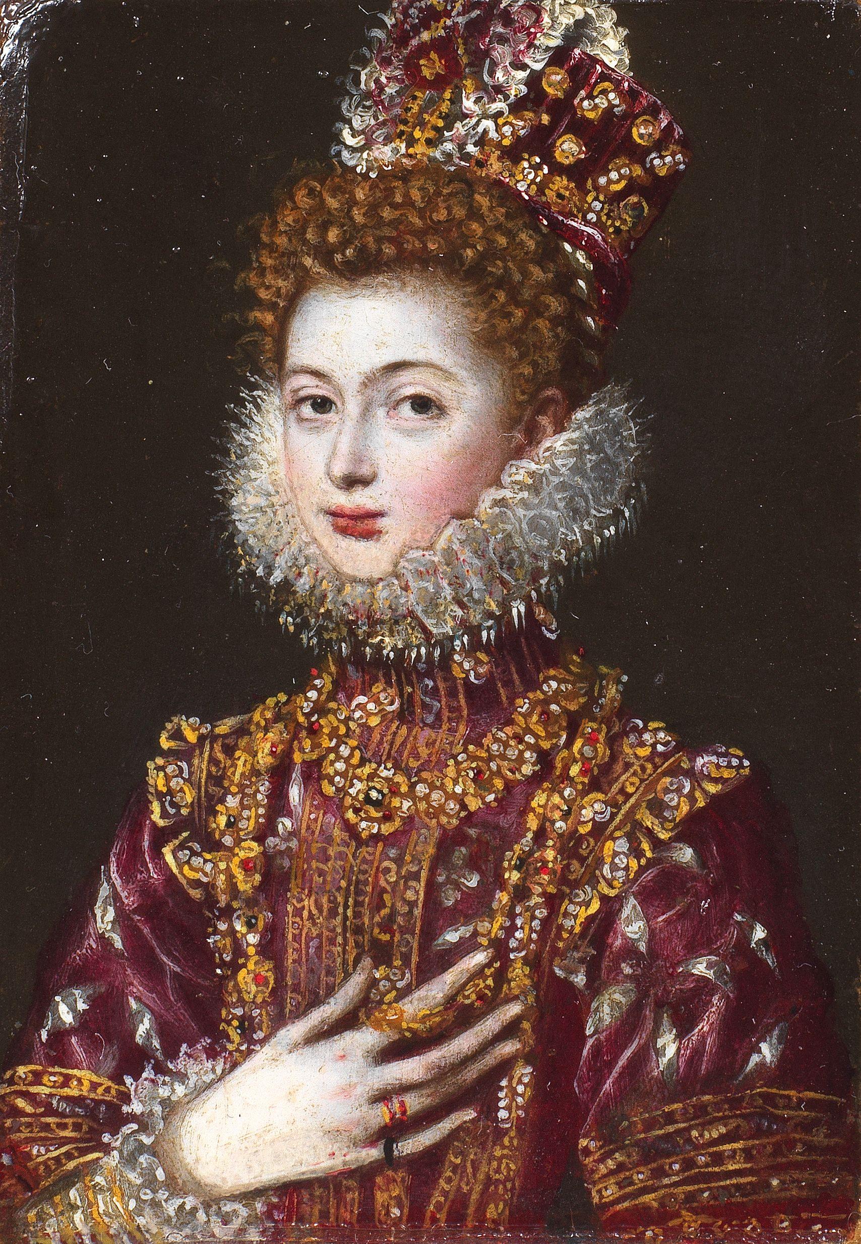 Alonso Sánchez Coello - Portrait of Infanta Clara Eugenia (1566-1633), half-length, in red costume, white ruff and gold embroidered headdress