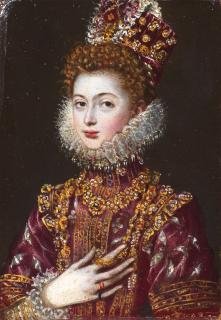 Alonso Sánchez Coello - Portrait of Infanta Clara Eugenia (1566-1633), half-length, in red costume, white ruff and gold embroidered headdress