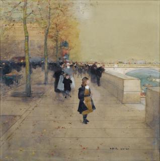 Aloys-François-Joseph Loir - Fillettes Sur Les Quais, Place Du Châteletaloys-François-Joseph Loir, Called Luigi Loir ;  Young Girls, Châtelet Square In Paris ; Signed Lower Right ; Watercolour On Paper