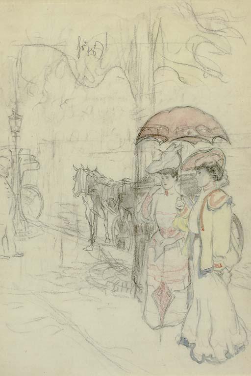 Alphonse Legros - Elegant ladies out for a stroll; and A woman in fright