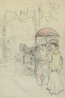 Alphonse Legros - Elegant ladies out for a stroll; and A woman in fright