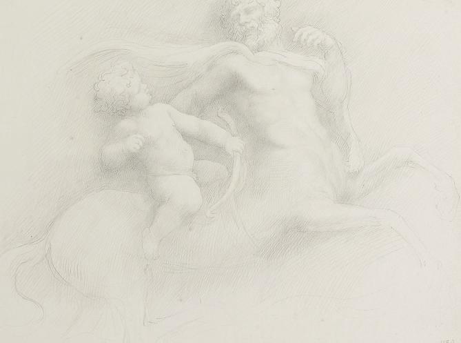 Alphonse Legros - Young Hercules and Chiron; Two studies of a young child resting her head in her hands; A portrait of a man with a moustache, in profile to the right