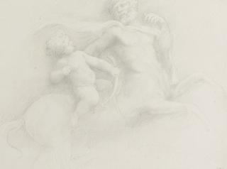 Alphonse Legros - Young Hercules and Chiron; Two studies of a young child resting her head in her hands; A portrait of a man with a moustache, in profile to the right