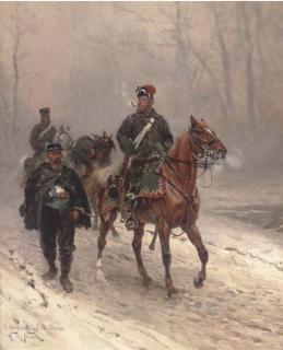 Alphonse Marie de Neuville - A Prussian hussar escorting a French prisoner on a winter track