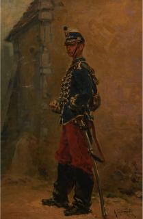 Alphonse Marie De Neuville - Soldier Standing at Ease with a Cigarette 12 1/4 x 8 3/8 in. (31.0 x 21.0 cm) framed 13 1/4 x 9 3/8 x 1 1/8 in.