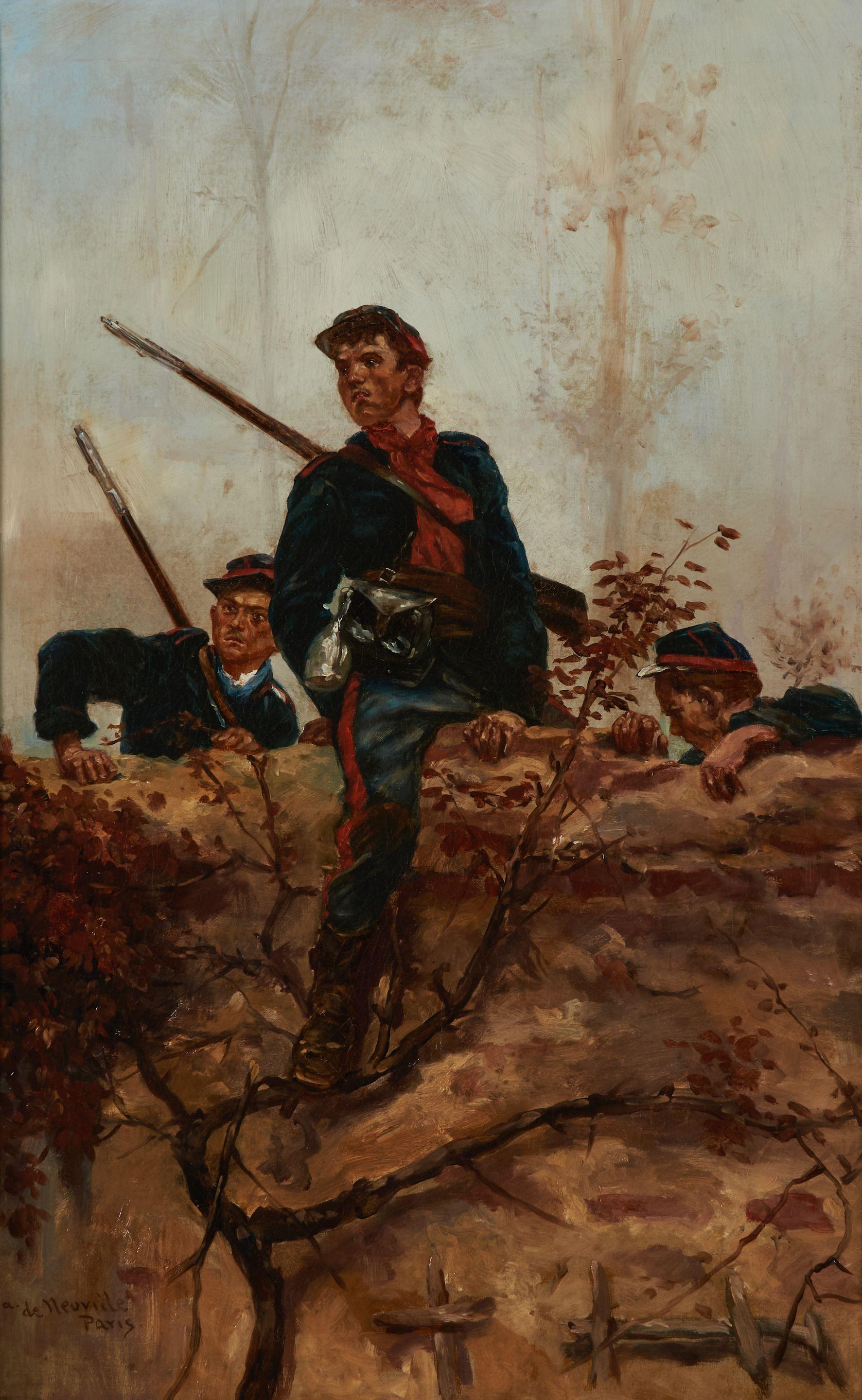 Alphonse Marie De Neuville - Soldiers Scaling a Wall to Survey the Enemy 28 x 18 in. (71.3 x 46.0 cm) framed 35 1/2 x 25 1/2 x 3 in.