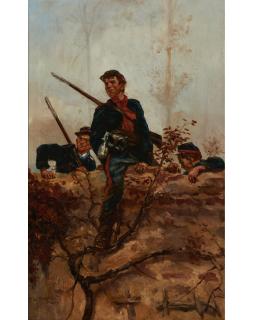 Alphonse Marie De Neuville - Soldiers Scaling a Wall to Survey the Enemy 28 x 18 in. (71.3 x 46.0 cm) framed 35 1/2 x 25 1/2 x 3 in.