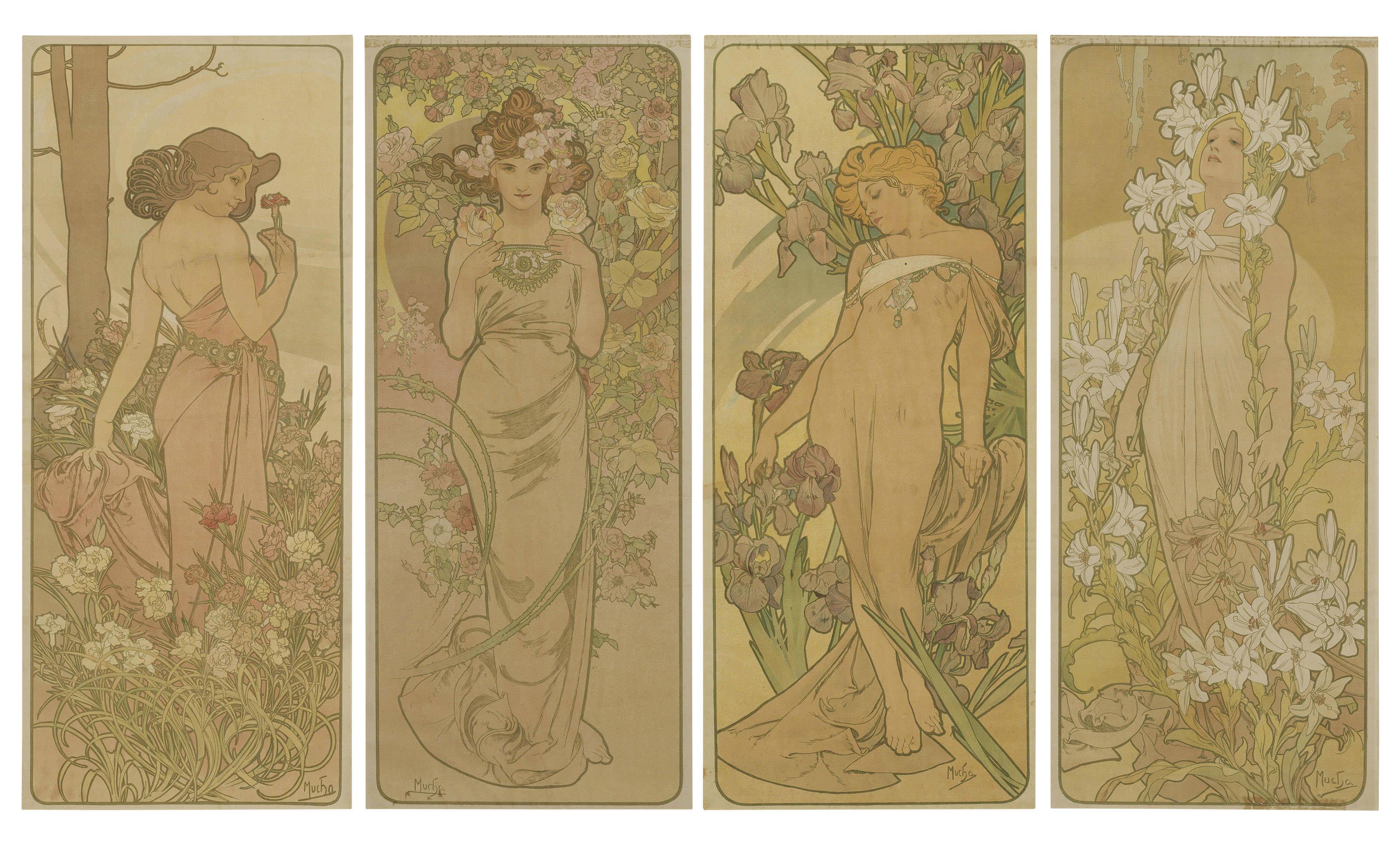 Alphonse Mucha - Les fleurs: l\'iris, l\'œillet, le lys, la rose
