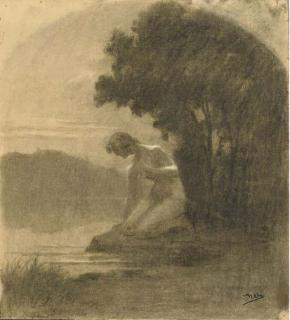 Alphonse Osbert - Un paysage avec une femme nue agenouillée au bord d\'un lac