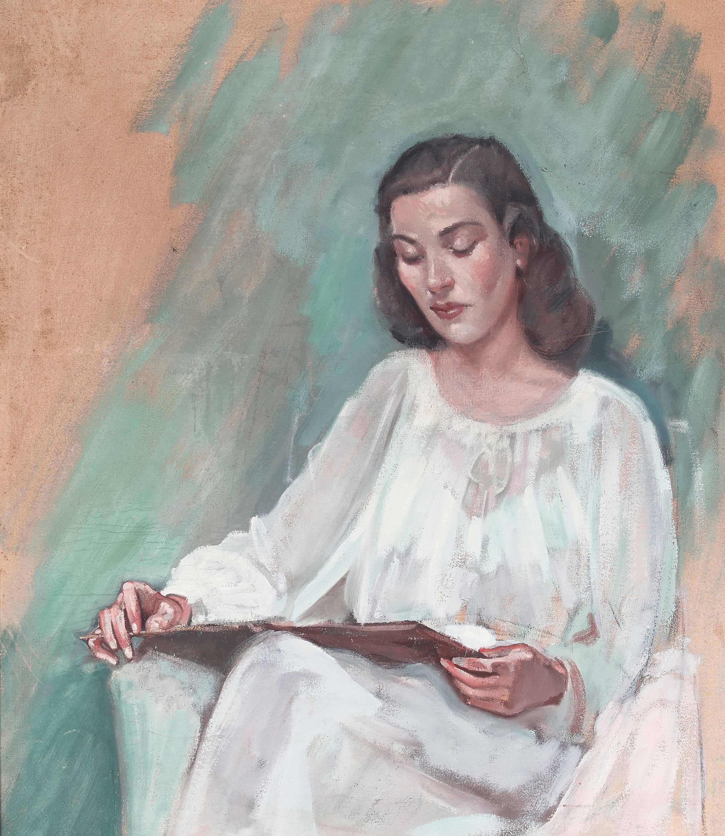 Alson Skinner Clark - Woman with a Fan and Woman Reading (a group of two) first 23 3/4 x 20 in., second 27 1/4 x 23 1/2 in. first framed 34 1/4 x 30 1/4 in., second framed 34 1/4 x 30 1/2 in.