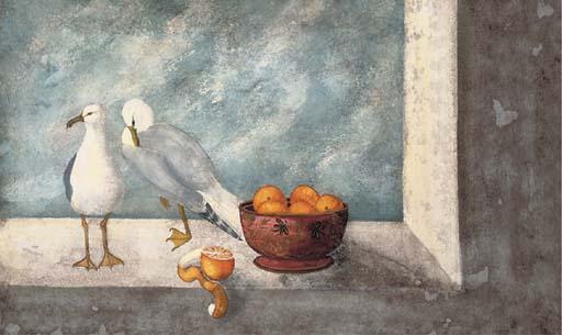 Althea Wilson - Seagulls and oranges in a bowl, on a ledge