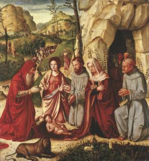 Altobello Melone - The Adoration of the Child with Saints Francis of Assisi, Jerome, Catherine of Alexandria and Bernardino of Siena, the Shepherds and Journey of the Magi beyond