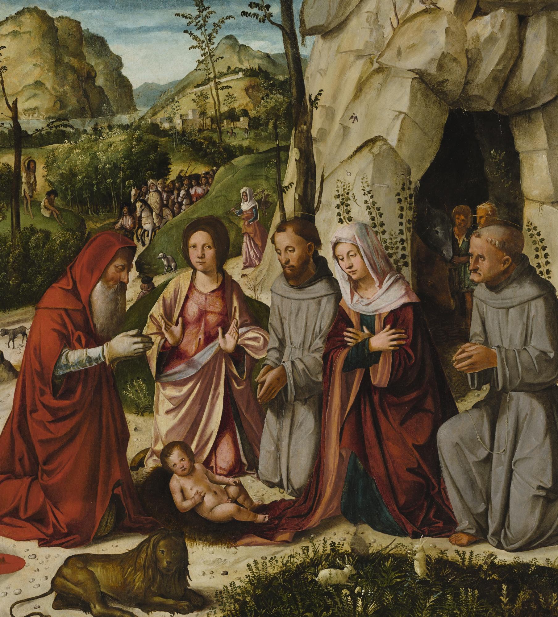 Altobello Melone - The Adoration With Saints Francis Of Assisi, Catherine Of Alexandria, Jerome And Bernardino Of Siena, The Shepherds And The Journey Of The Magi Beyond