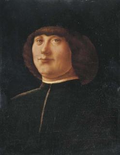 Alvise Vivarini - Portrait of a gentleman, bust-length, in a black coat and black cap