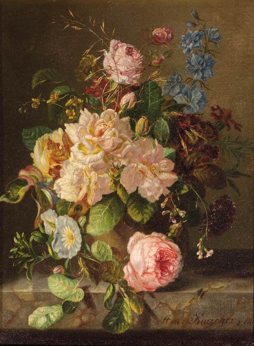 Amalie Kaercher - A still life with roses, primulas and morning glory