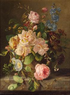 Amalie Kaercher - A still life with roses, primulas and morning glory