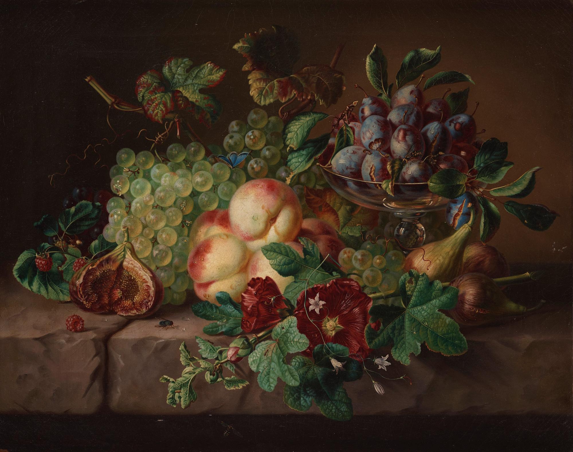 Amalie Kärcher - Still life with plums, figs, grapes, and insects