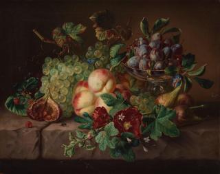Amalie Kärcher - Still life with plums, figs, grapes, and insects