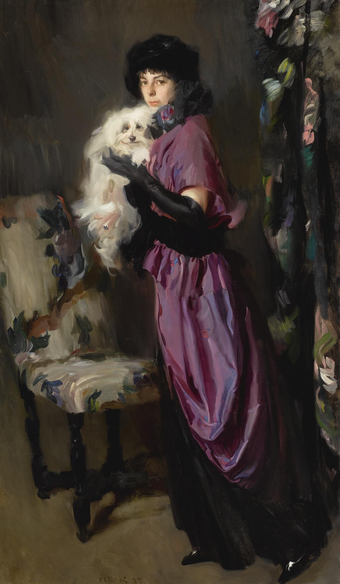 Ambrogio Antonio Alciati - Italian An Elegant Woman With Her Maltese 