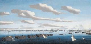 Ambroise-Louis Garneray - A panorama of Portsmouth harbour with hulks in line ahead and the fleet at anchor, including warships of the American and Spanish navies