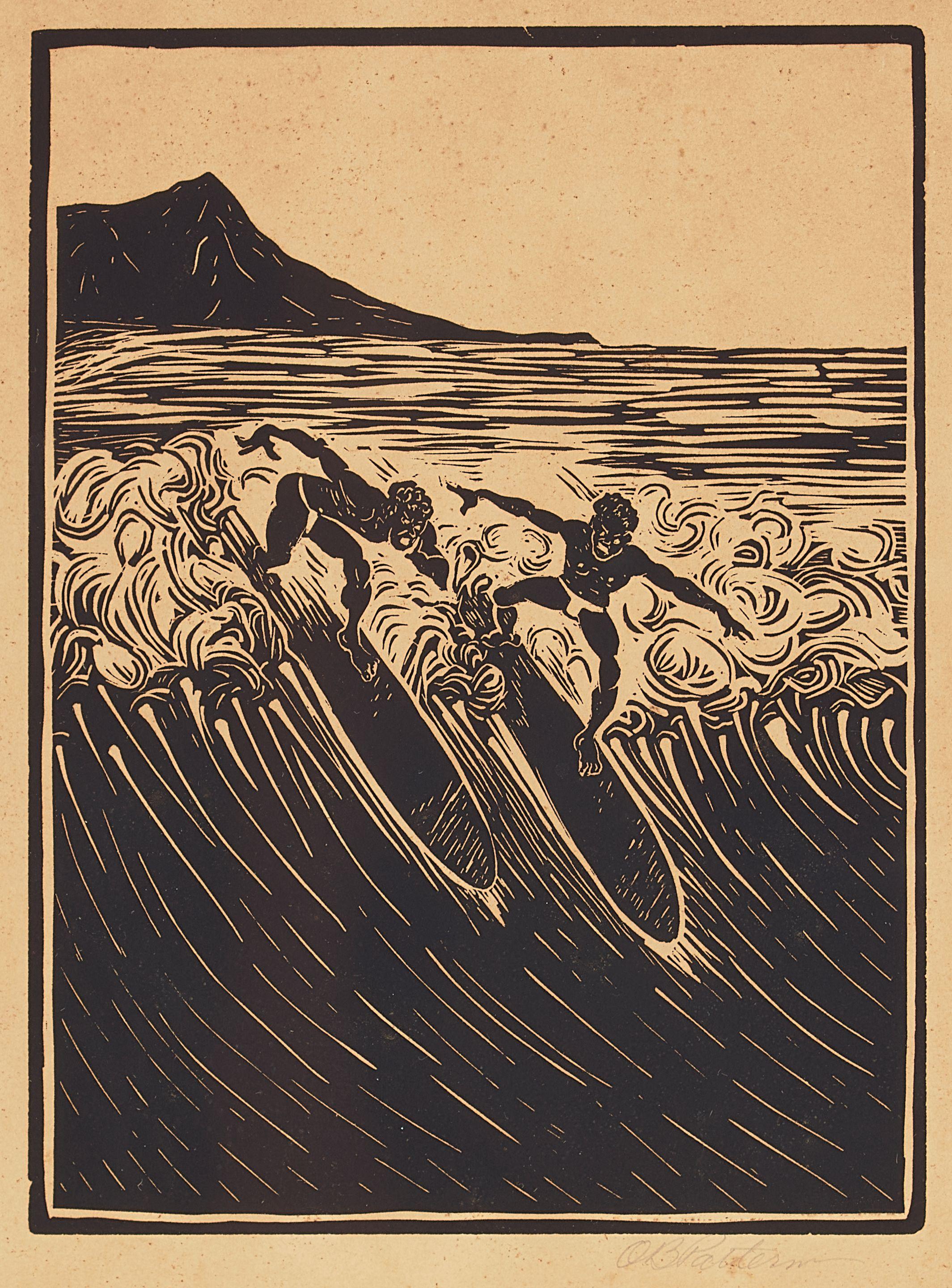 Ambrose McCarthy Patterson - Surfers at Waikiki with Diamond Head