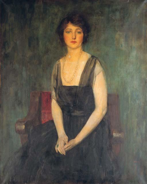 Ambrose Mcevoy, A.R.A. - Portrait of Dorothy Duveen, Three-Quarter Length, Seated On A Red Chair