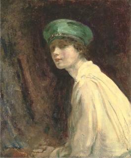 Ambrose McEvoy - The Green Hat\', A Portrait of Mrs Claude Johnson
