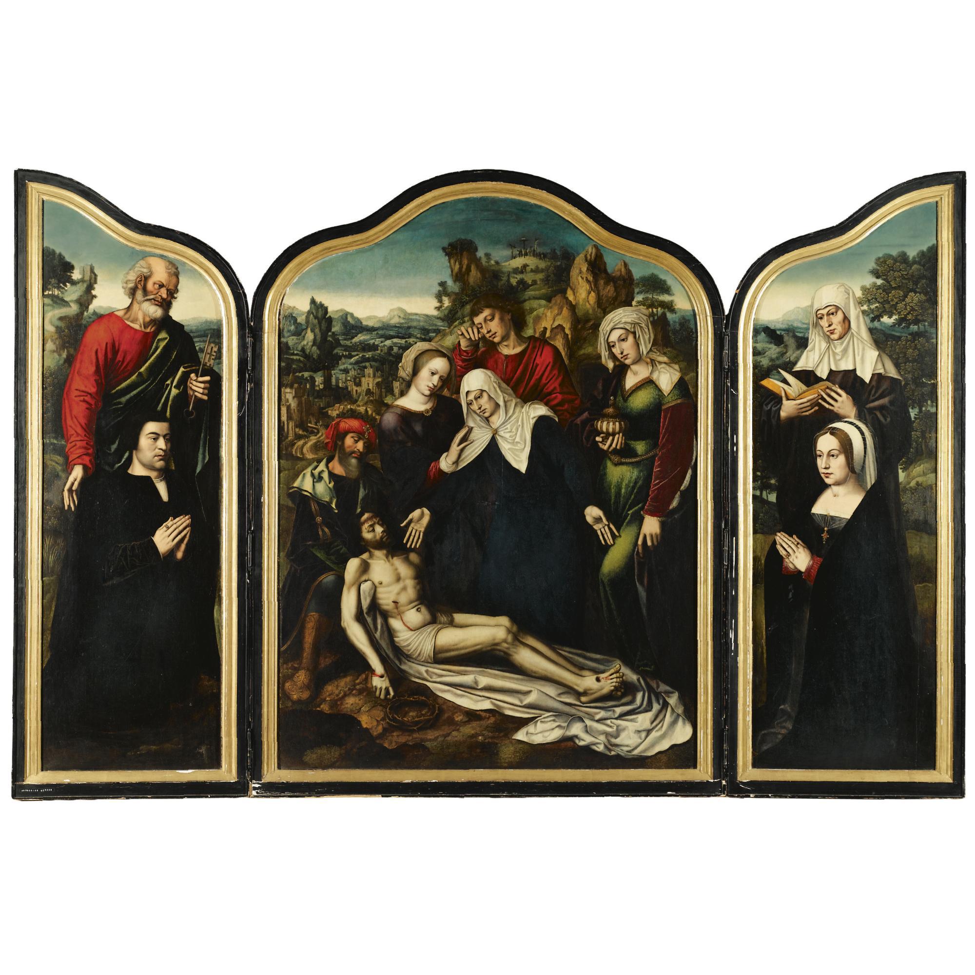 Ambrosius Benson - A Triptych Of The Lamentation Central Panel: The Lamentation Of Christ Inner Wings: Saint Peter And Saint Anne With Donor And Donatrix Outer Wings: The Temptation In The Garden Of Eden